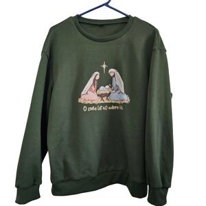 Forest green Nativity Christmas Sweatshirt Olive Green O Come Let Us Adore Him L